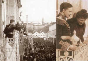 Rei Dom Manuel II e Rainha Dona Amélia na varanda do Palácio Carrancas no Porto recebendo calorosa saudação do Povo